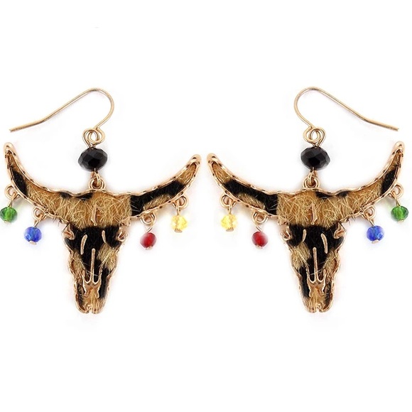 Western Leopard BOHO Steer Skull Earrings - Picture 1 of 5